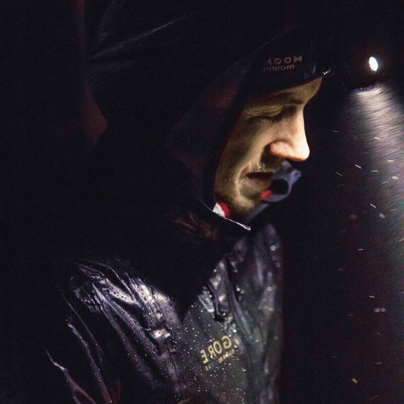 Man in heavy snow fall using Moonlight Headlamp