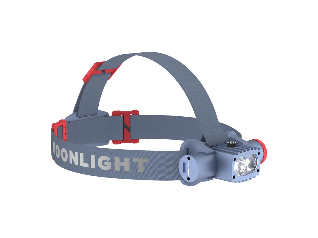 Moonlight M500 work headlamp on a white background, perspective view, anodized recycled-aluminum casing