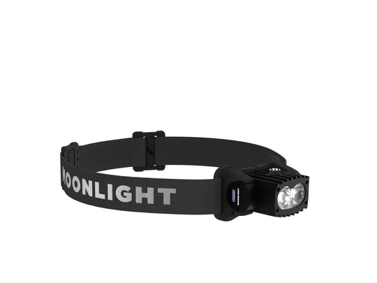 Moonlight Noctia headlamp on a white background, perspective view, slate-grey aluminum casing